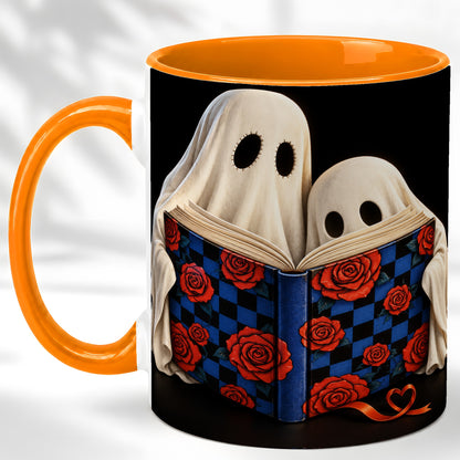 #pl[11oz|Orange] Ghost Reading Coffee Mug, Spooky Bookish Mug, Ceramic Cup