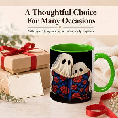 #pl[11oz|Green] Ghost Reading Coffee Mug, Spooky Bookish Mug, Ceramic Cup