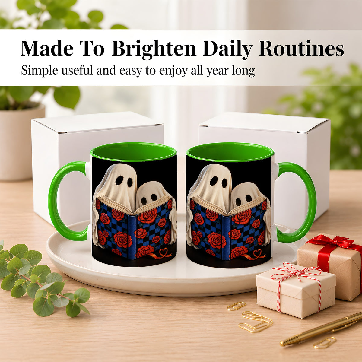 #pl[11oz|Green] Ghost Reading Coffee Mug, Spooky Bookish Mug, Ceramic Cup