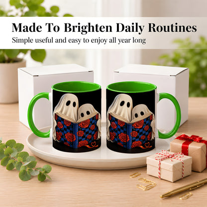 #pl[11oz|Green] Ghost Reading Coffee Mug, Spooky Bookish Mug, Ceramic Cup