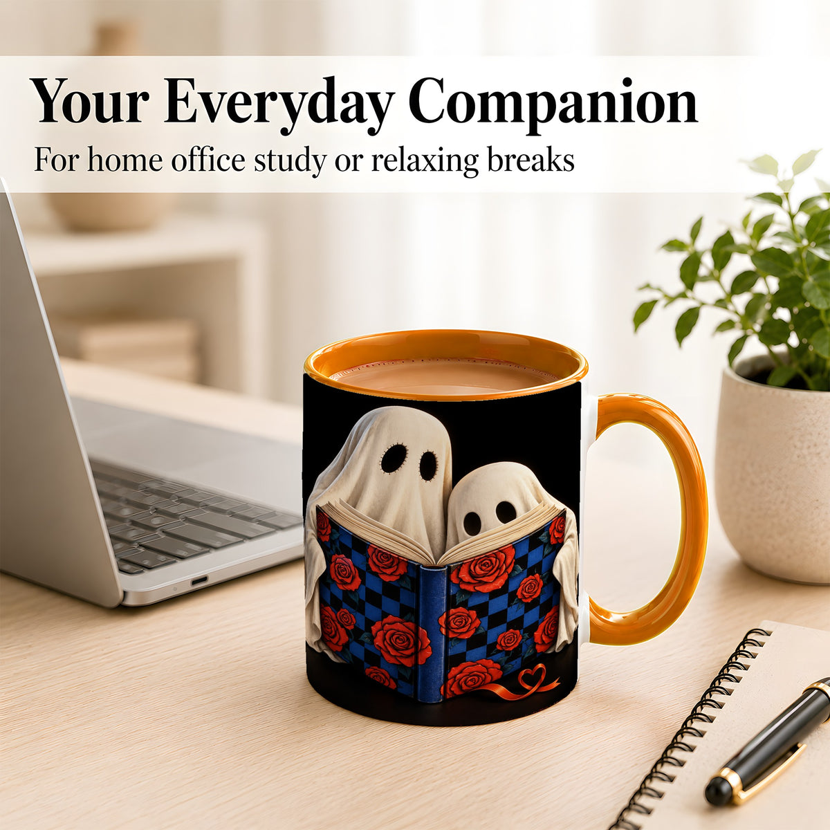 #pl[11oz|Orange] Ghost Reading Coffee Mug, Spooky Bookish Mug, Ceramic Cup