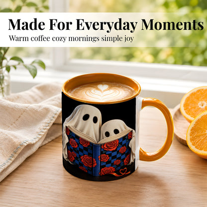 #pl[11oz|Orange] Ghost Reading Coffee Mug, Spooky Bookish Mug, Ceramic Cup