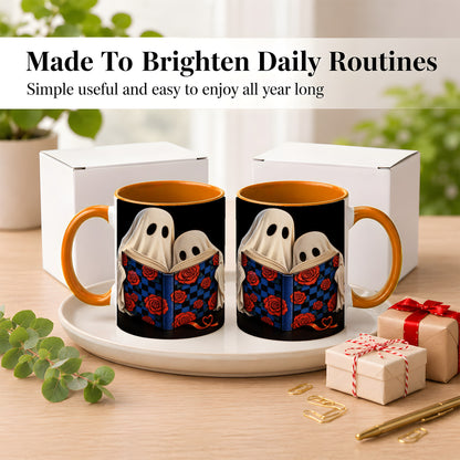 #pl[11oz|Orange] Ghost Reading Coffee Mug, Spooky Bookish Mug, Ceramic Cup