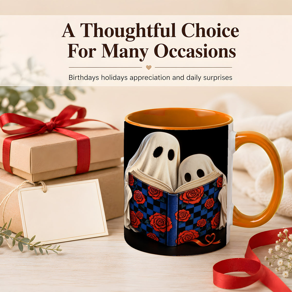 #pl[11oz|Orange] Ghost Reading Coffee Mug, Spooky Bookish Mug, Ceramic Cup