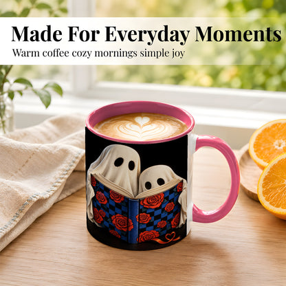 #pl[11oz|Pink] Ghost Reading Coffee Mug, Spooky Bookish Mug, Ceramic Cup