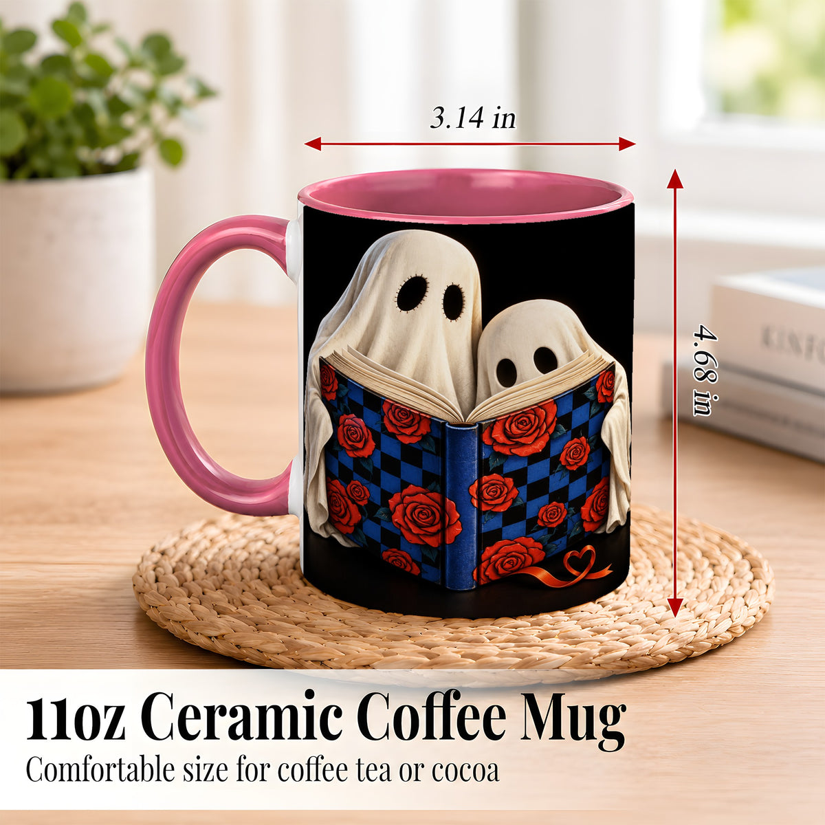 #pl[11oz|Pink] Ghost Reading Coffee Mug, Spooky Bookish Mug, Ceramic Cup
