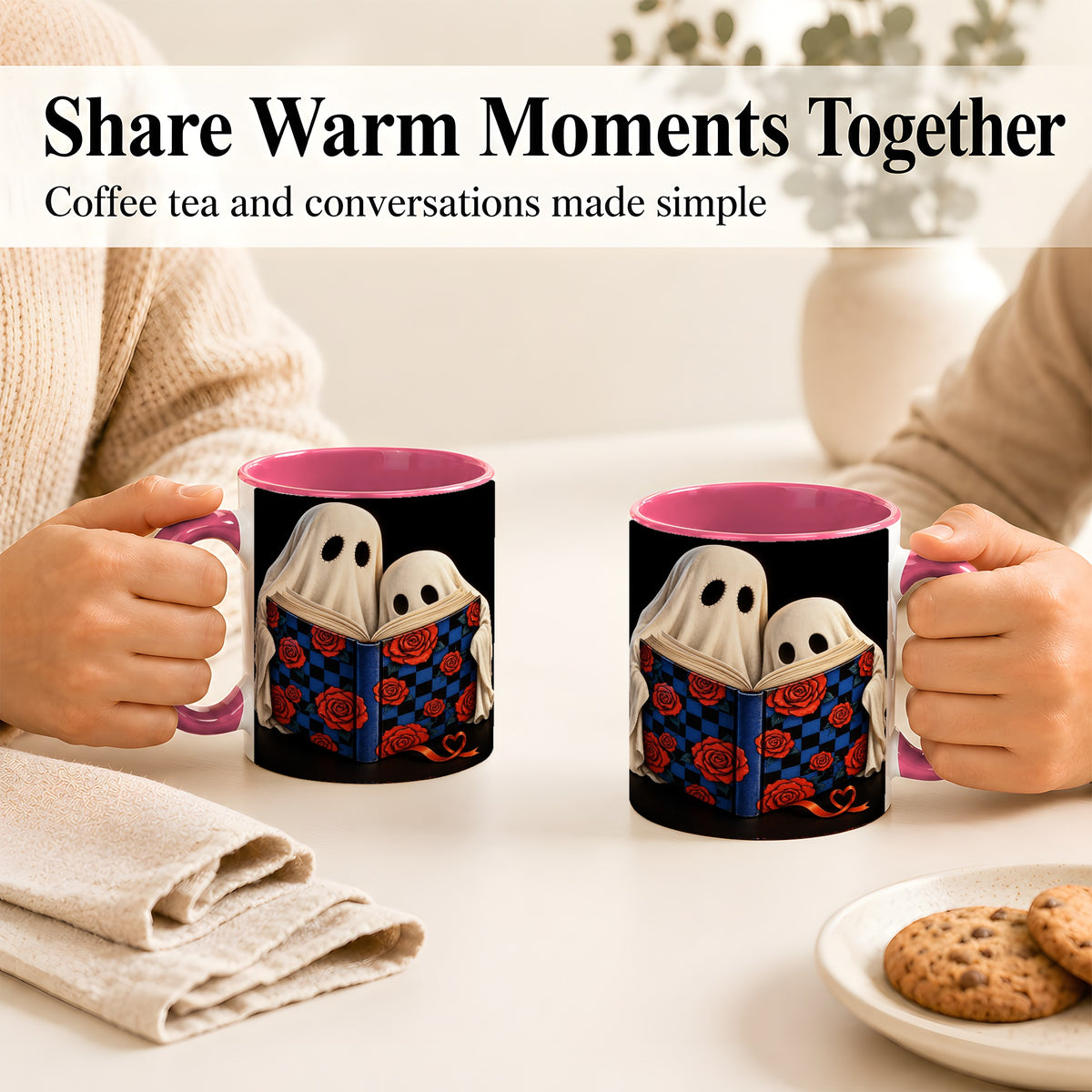 #pl[11oz|Pink] Ghost Reading Coffee Mug, Spooky Bookish Mug, Ceramic Cup