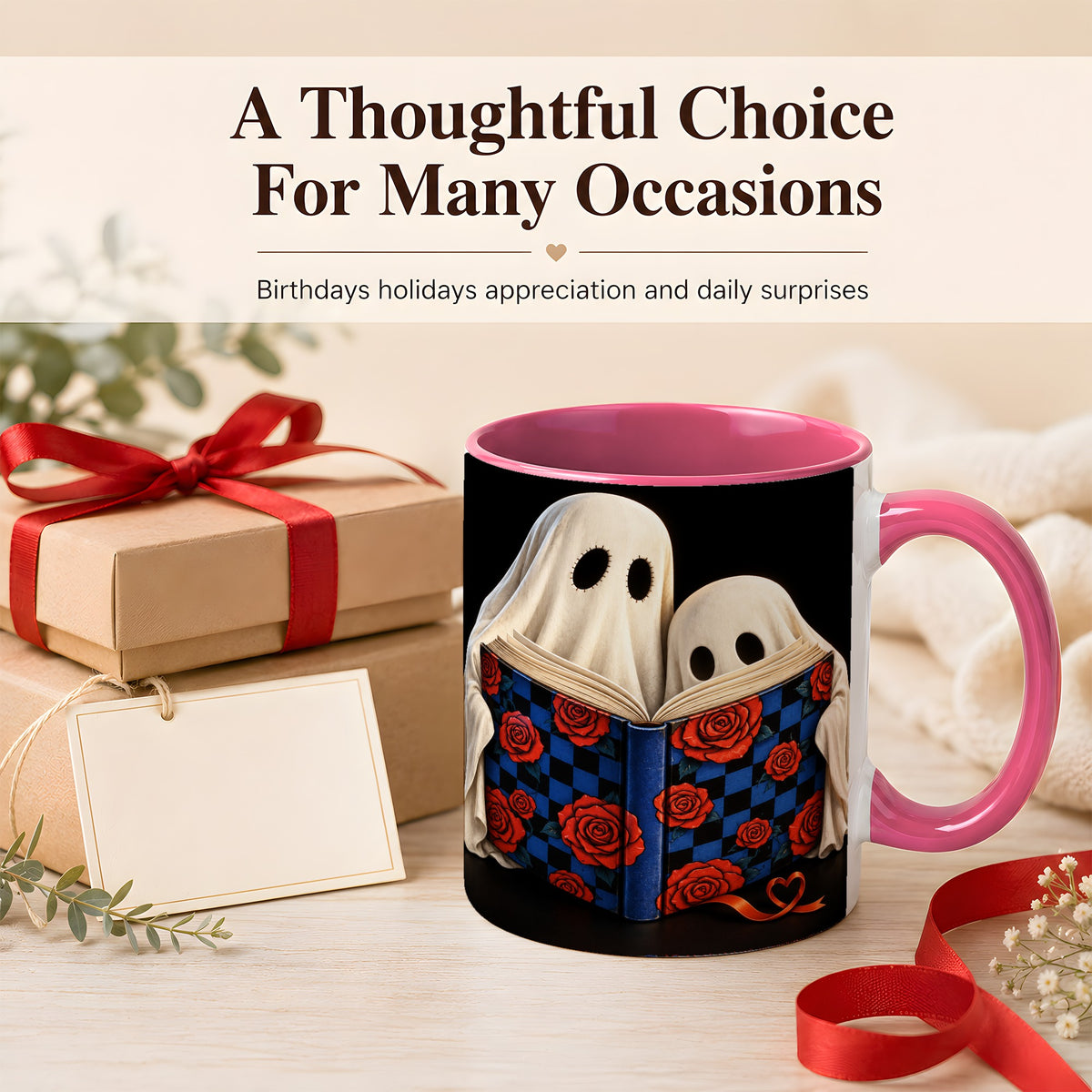 #pl[11oz|Pink] Ghost Reading Coffee Mug, Spooky Bookish Mug, Ceramic Cup