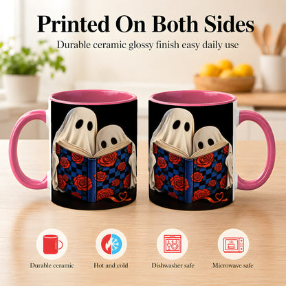 #pl[11oz|Pink] Ghost Reading Coffee Mug, Spooky Bookish Mug, Ceramic Cup