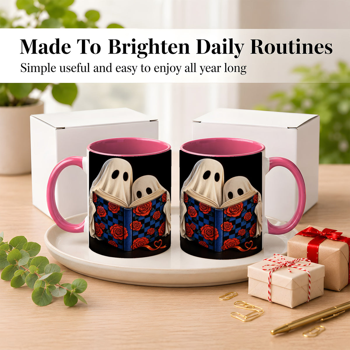 #pl[11oz|Pink] Ghost Reading Coffee Mug, Spooky Bookish Mug, Ceramic Cup