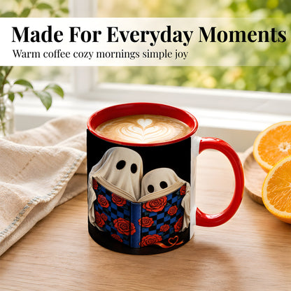 #pl[11oz|Red] Ghost Reading Coffee Mug, Spooky Bookish Mug, Ceramic Cup