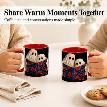 #pl[11oz|Red] Ghost Reading Coffee Mug, Spooky Bookish Mug, Ceramic Cup