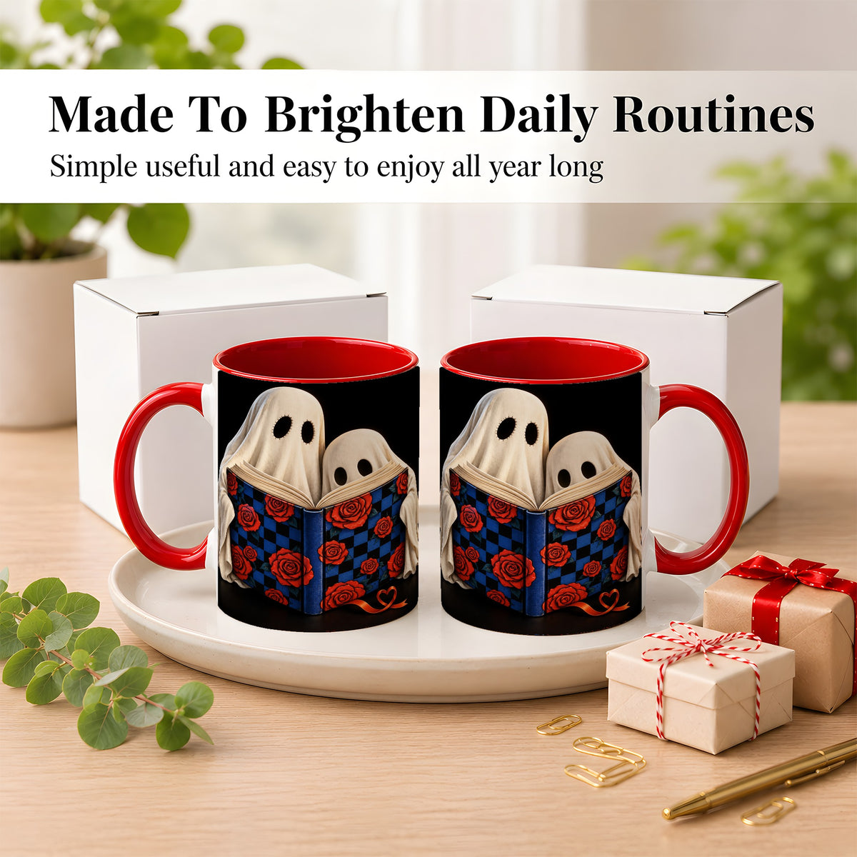 #pl[11oz|Red] Ghost Reading Coffee Mug, Spooky Bookish Mug, Ceramic Cup