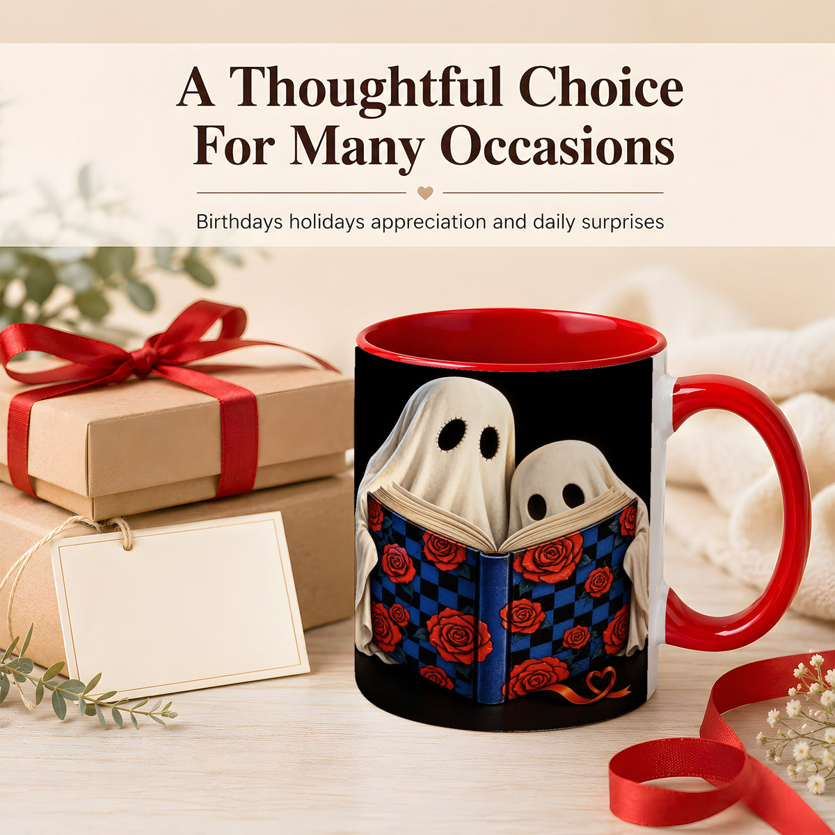#pl[11oz|Red] Ghost Reading Coffee Mug, Spooky Bookish Mug, Ceramic Cup