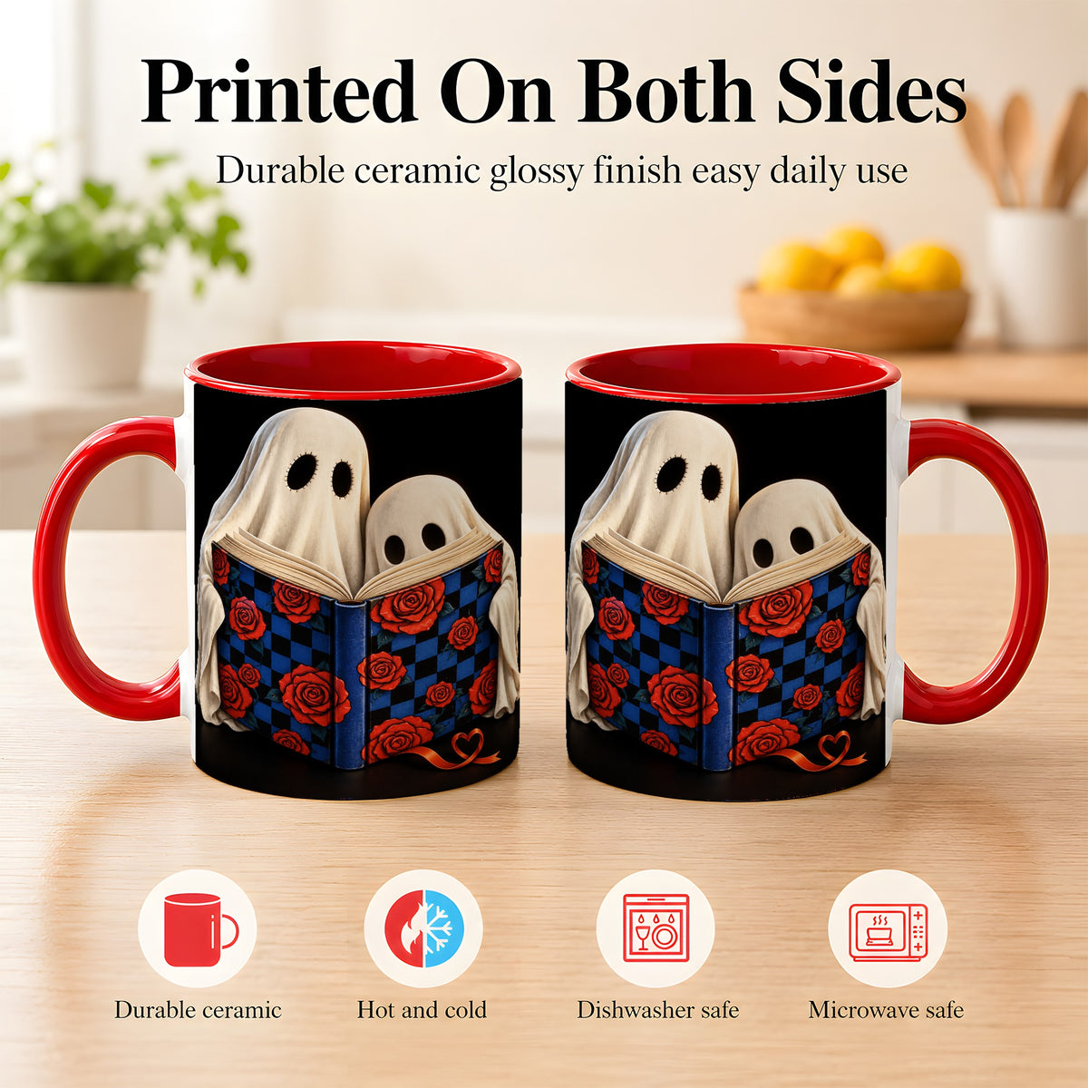 #pl[11oz|Red] Ghost Reading Coffee Mug, Spooky Bookish Mug, Ceramic Cup