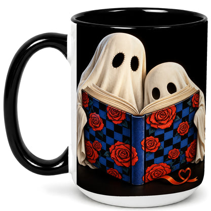 #pl[15oz|Black] Ghost Reading Coffee Mug, Spooky Bookish Mug, Ceramic Cup
