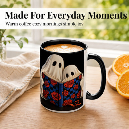 #pl[15oz|Black] Ghost Reading Coffee Mug, Spooky Bookish Mug, Ceramic Cup