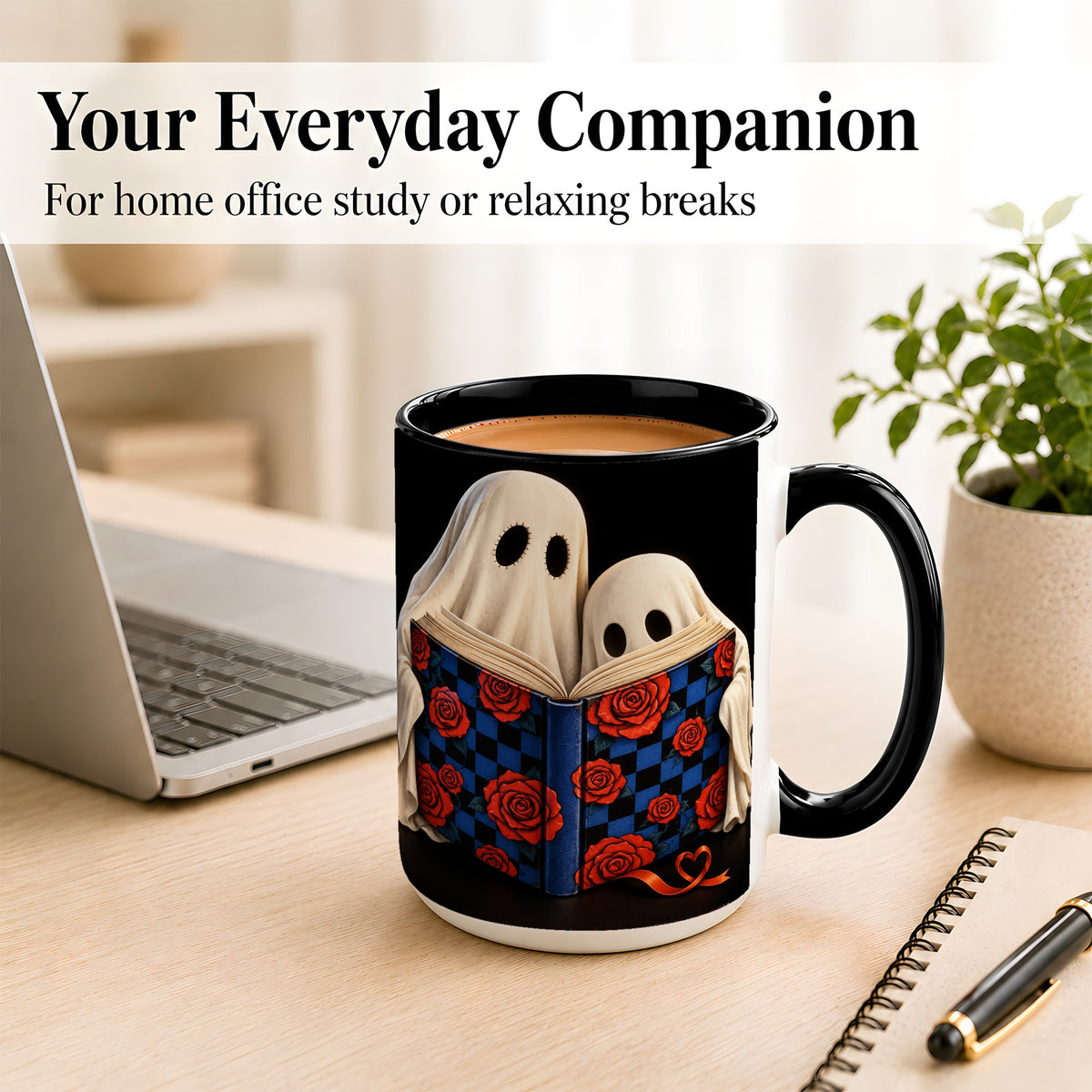 #pl[15oz|Black] Ghost Reading Coffee Mug, Spooky Bookish Mug, Ceramic Cup