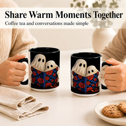 #pl[15oz|Black] Ghost Reading Coffee Mug, Spooky Bookish Mug, Ceramic Cup