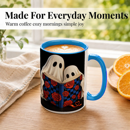 #pl[15oz|Blue] Ghost Reading Coffee Mug, Spooky Bookish Mug, Ceramic Cup