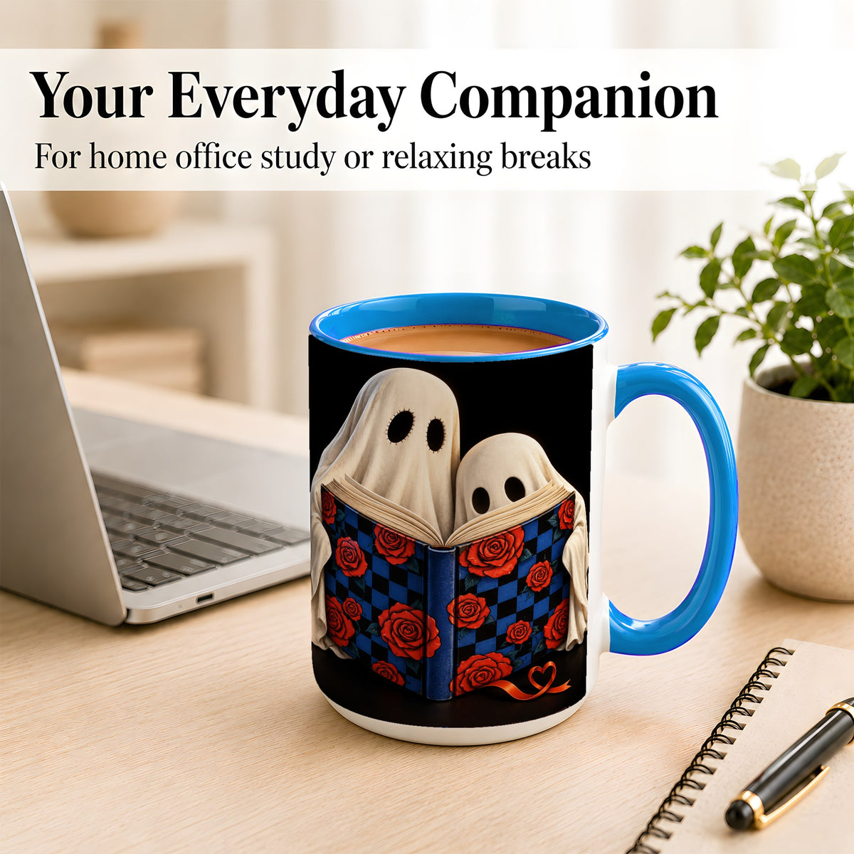 #pl[15oz|Blue] Ghost Reading Coffee Mug, Spooky Bookish Mug, Ceramic Cup
