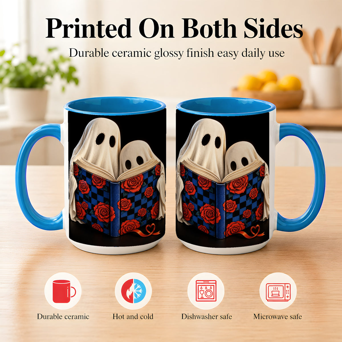#pl[15oz|Blue] Ghost Reading Coffee Mug, Spooky Bookish Mug, Ceramic Cup