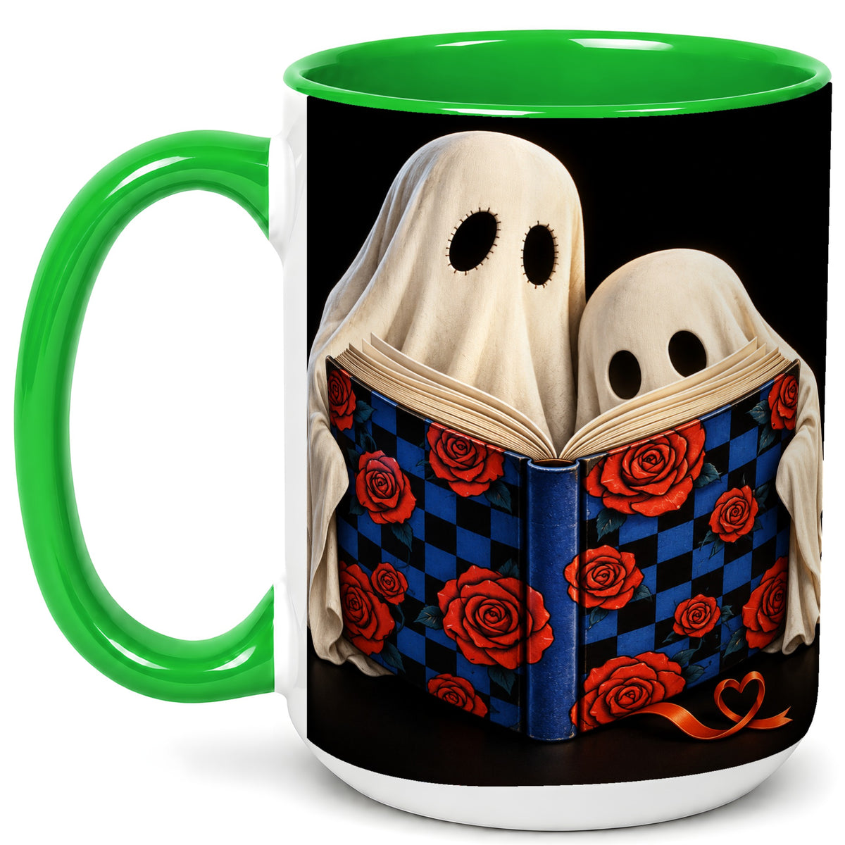 #pl[15oz|Green] Ghost Reading Coffee Mug, Spooky Bookish Mug, Ceramic Cup