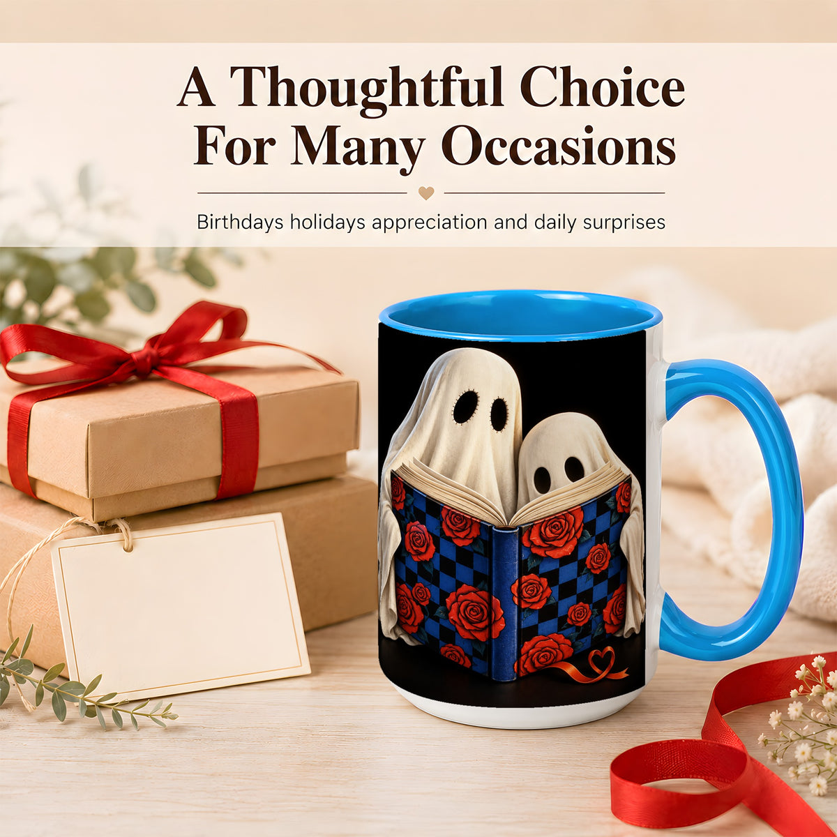 #pl[15oz|Blue] Ghost Reading Coffee Mug, Spooky Bookish Mug, Ceramic Cup
