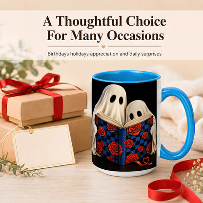 #pl[15oz|Blue] Ghost Reading Coffee Mug, Spooky Bookish Mug, Ceramic Cup