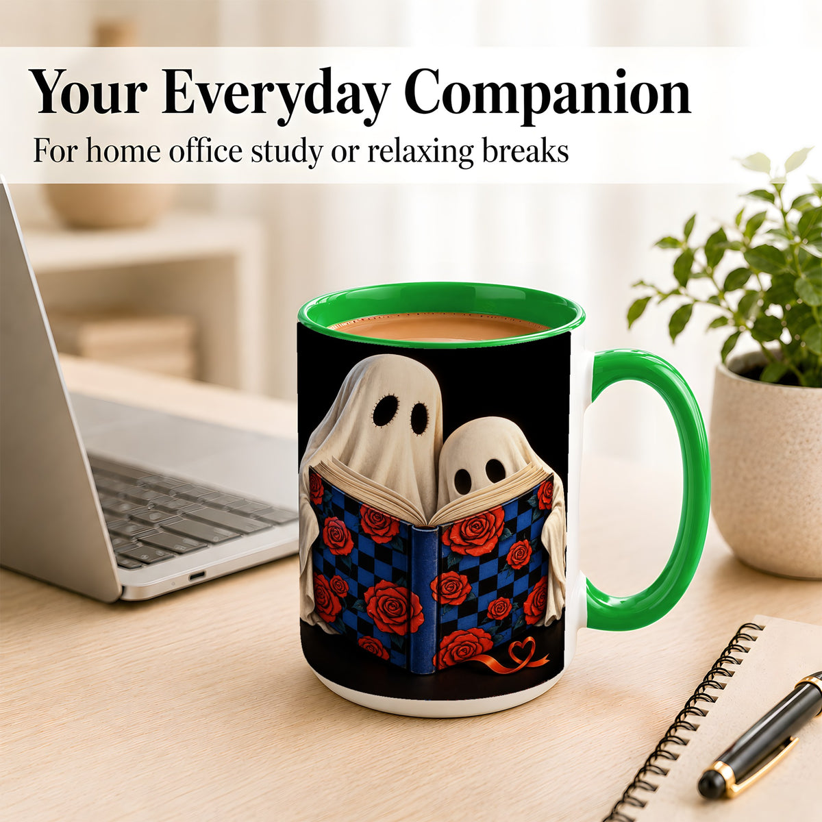 #pl[15oz|Green] Ghost Reading Coffee Mug, Spooky Bookish Mug, Ceramic Cup