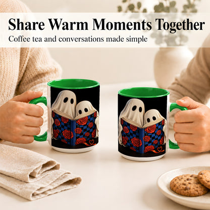 #pl[15oz|Green] Ghost Reading Coffee Mug, Spooky Bookish Mug, Ceramic Cup