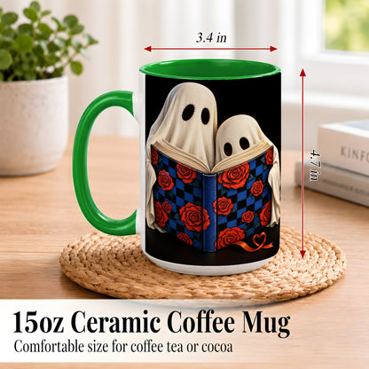 #pl[15oz|Green] Ghost Reading Coffee Mug, Spooky Bookish Mug, Ceramic Cup