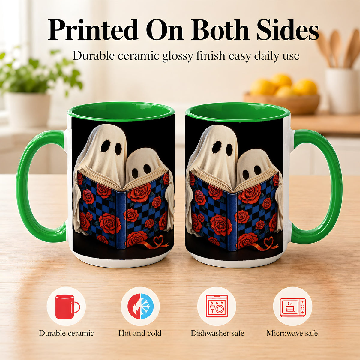 #pl[15oz|Green] Ghost Reading Coffee Mug, Spooky Bookish Mug, Ceramic Cup