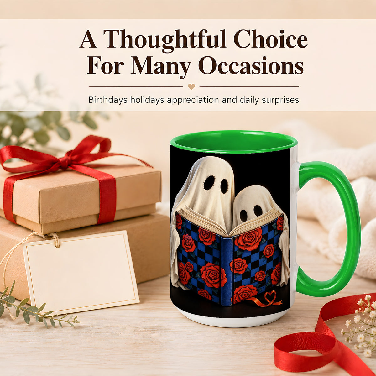 #pl[15oz|Green] Ghost Reading Coffee Mug, Spooky Bookish Mug, Ceramic Cup