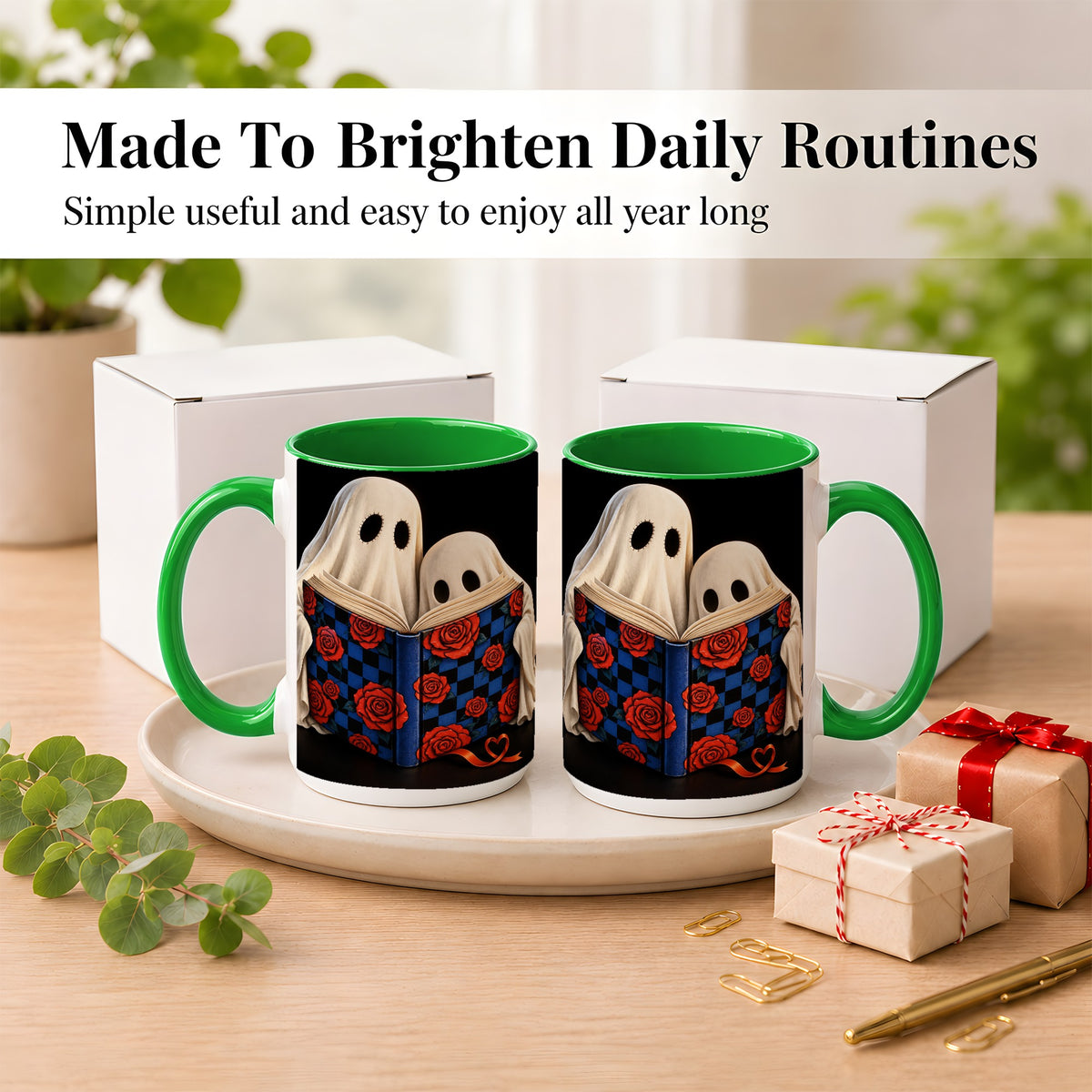 #pl[15oz|Green] Ghost Reading Coffee Mug, Spooky Bookish Mug, Ceramic Cup