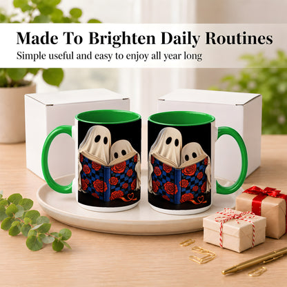 #pl[15oz|Green] Ghost Reading Coffee Mug, Spooky Bookish Mug, Ceramic Cup