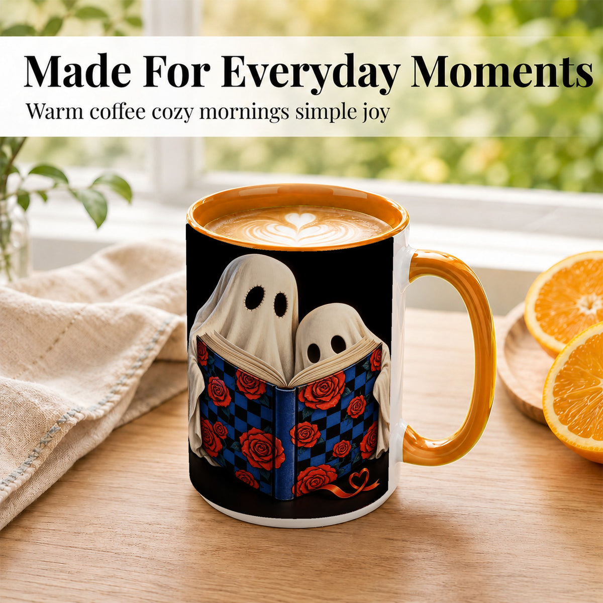 #pl[15oz|Orange] Ghost Reading Coffee Mug, Spooky Bookish Mug, Ceramic Cup
