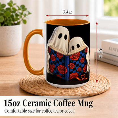 #pl[15oz|Orange] Ghost Reading Coffee Mug, Spooky Bookish Mug, Ceramic Cup