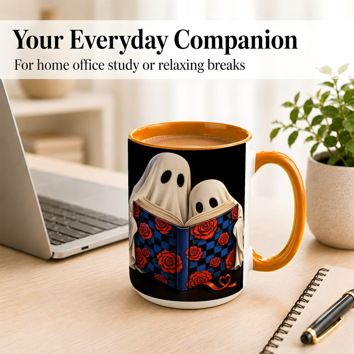 #pl[15oz|Orange] Ghost Reading Coffee Mug, Spooky Bookish Mug, Ceramic Cup