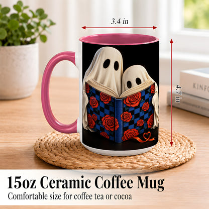 #pl[15oz|Pink] Ghost Reading Coffee Mug, Spooky Bookish Mug, Ceramic Cup