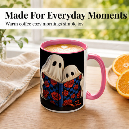 #pl[15oz|Pink] Ghost Reading Coffee Mug, Spooky Bookish Mug, Ceramic Cup