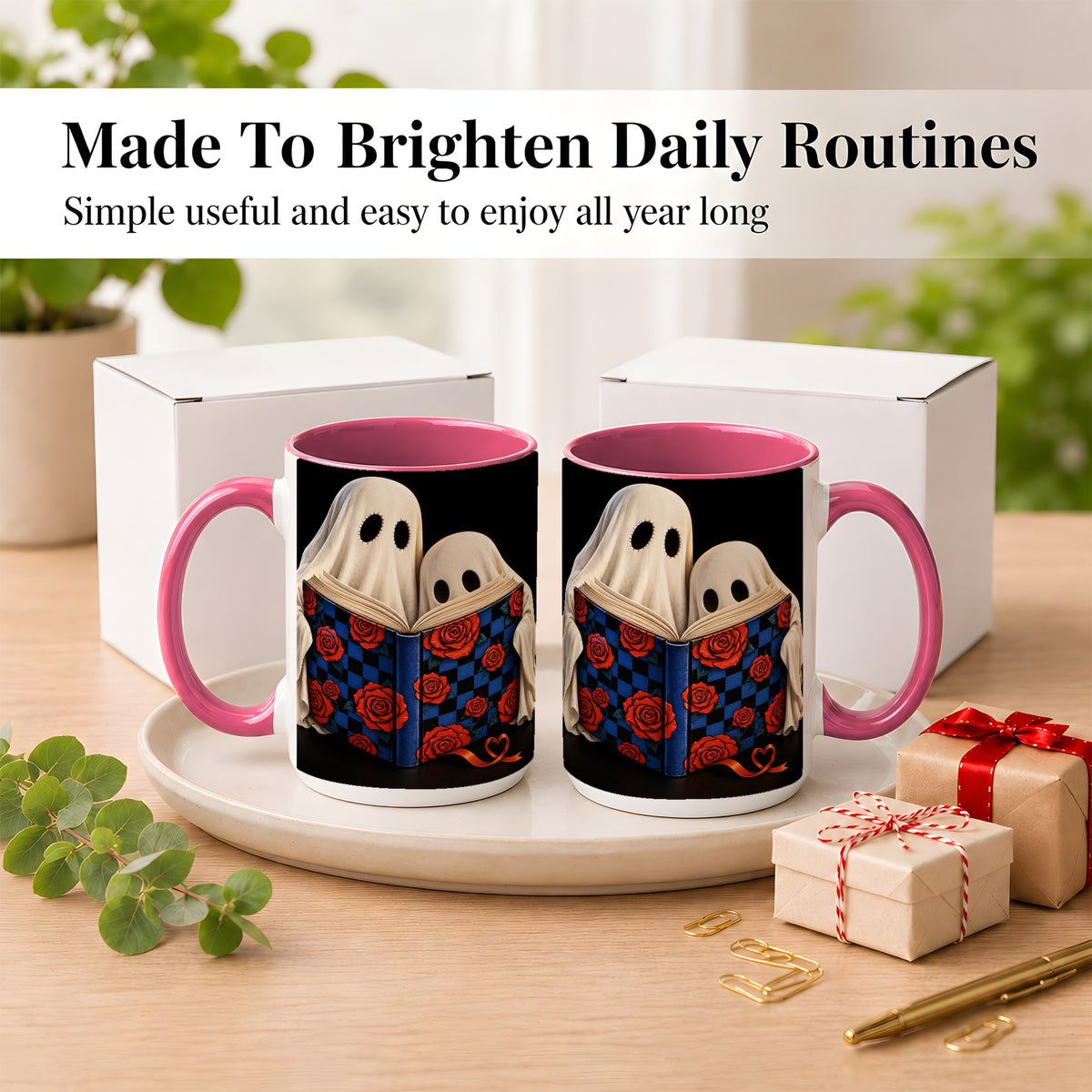 #pl[15oz|Pink] Ghost Reading Coffee Mug, Spooky Bookish Mug, Ceramic Cup