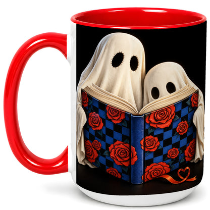 #pl[15oz|Red] Ghost Reading Coffee Mug, Spooky Bookish Mug, Ceramic Cup