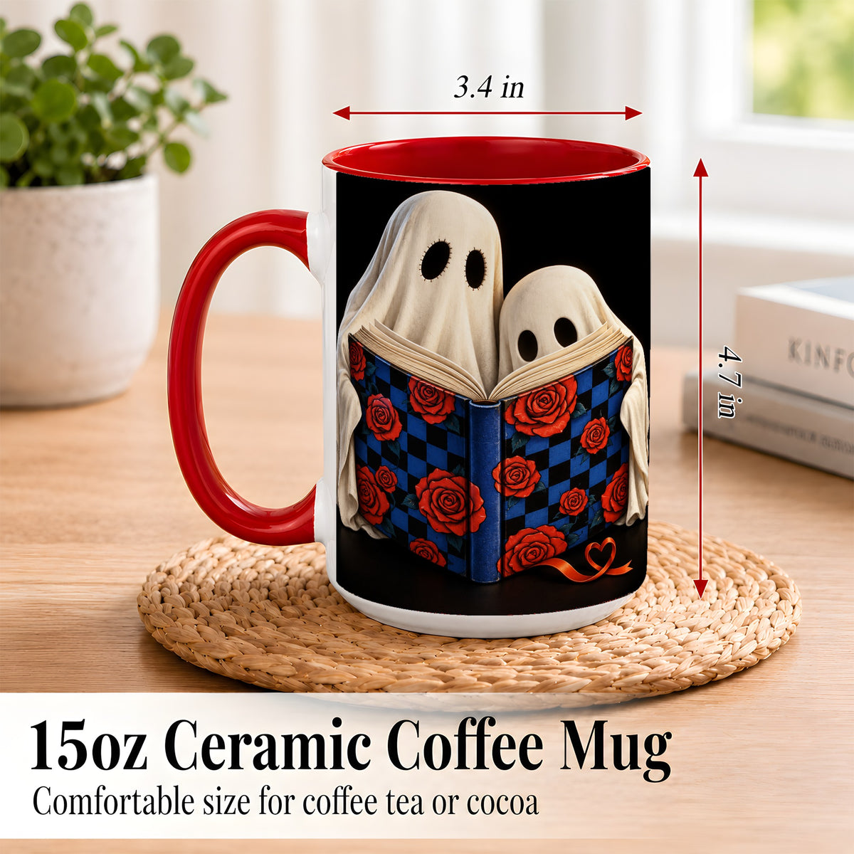#pl[15oz|Red] Ghost Reading Coffee Mug, Spooky Bookish Mug, Ceramic Cup
