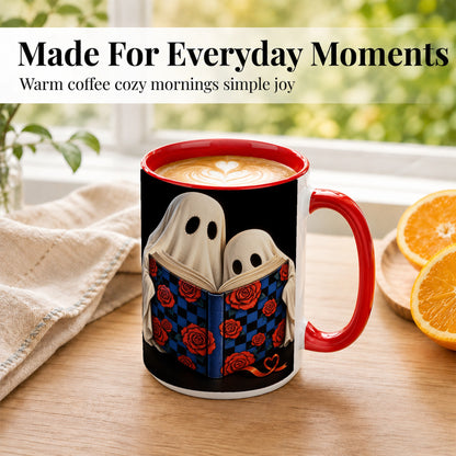 #pl[15oz|Red] Ghost Reading Coffee Mug, Spooky Bookish Mug, Ceramic Cup