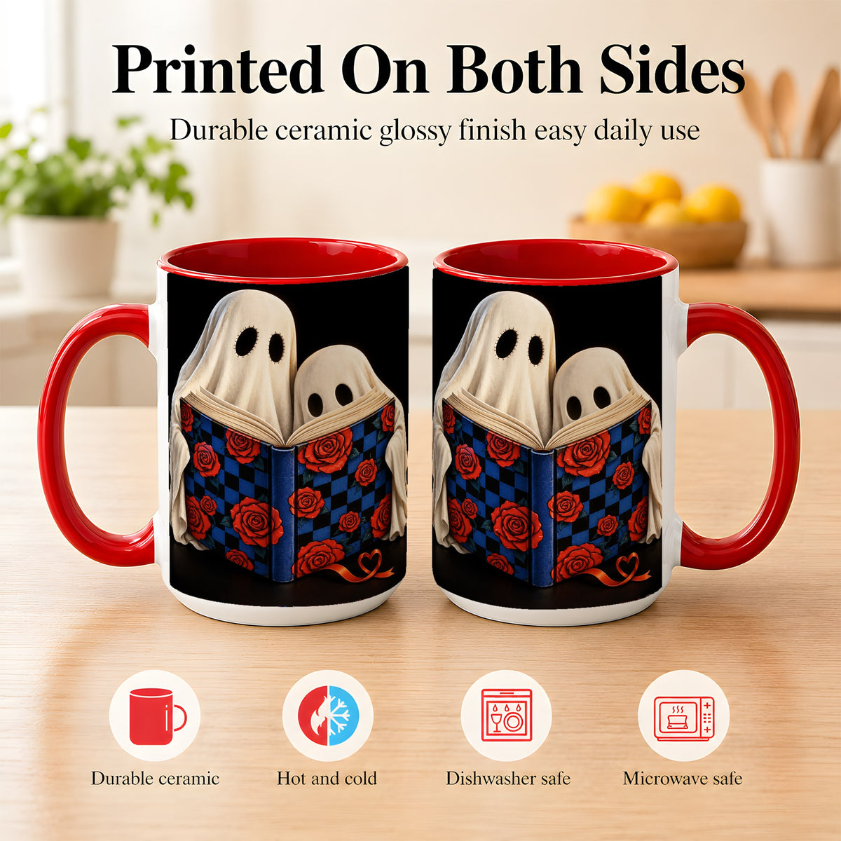 #pl[15oz|Red] Ghost Reading Coffee Mug, Spooky Bookish Mug, Ceramic Cup