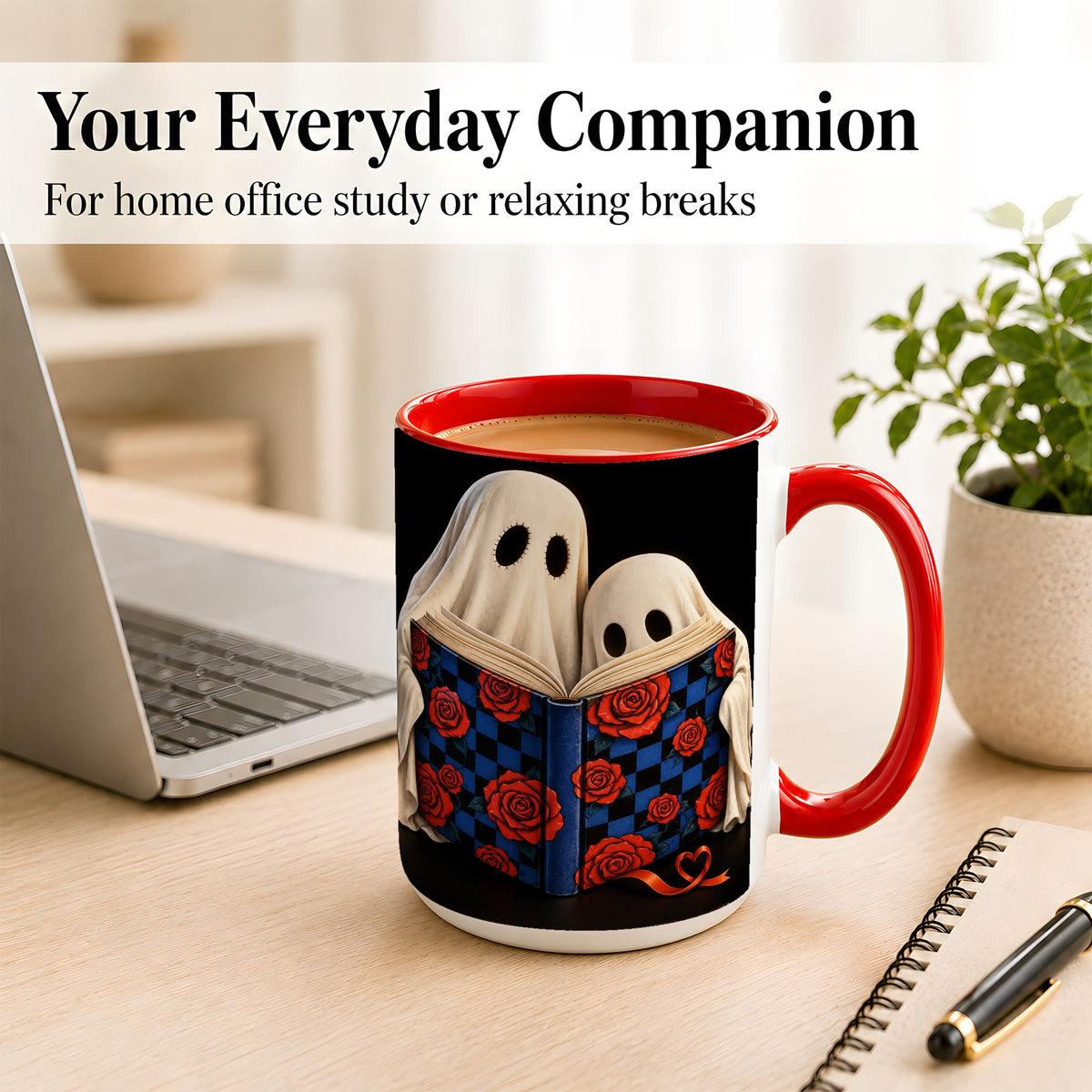 #pl[15oz|Red] Ghost Reading Coffee Mug, Spooky Bookish Mug, Ceramic Cup