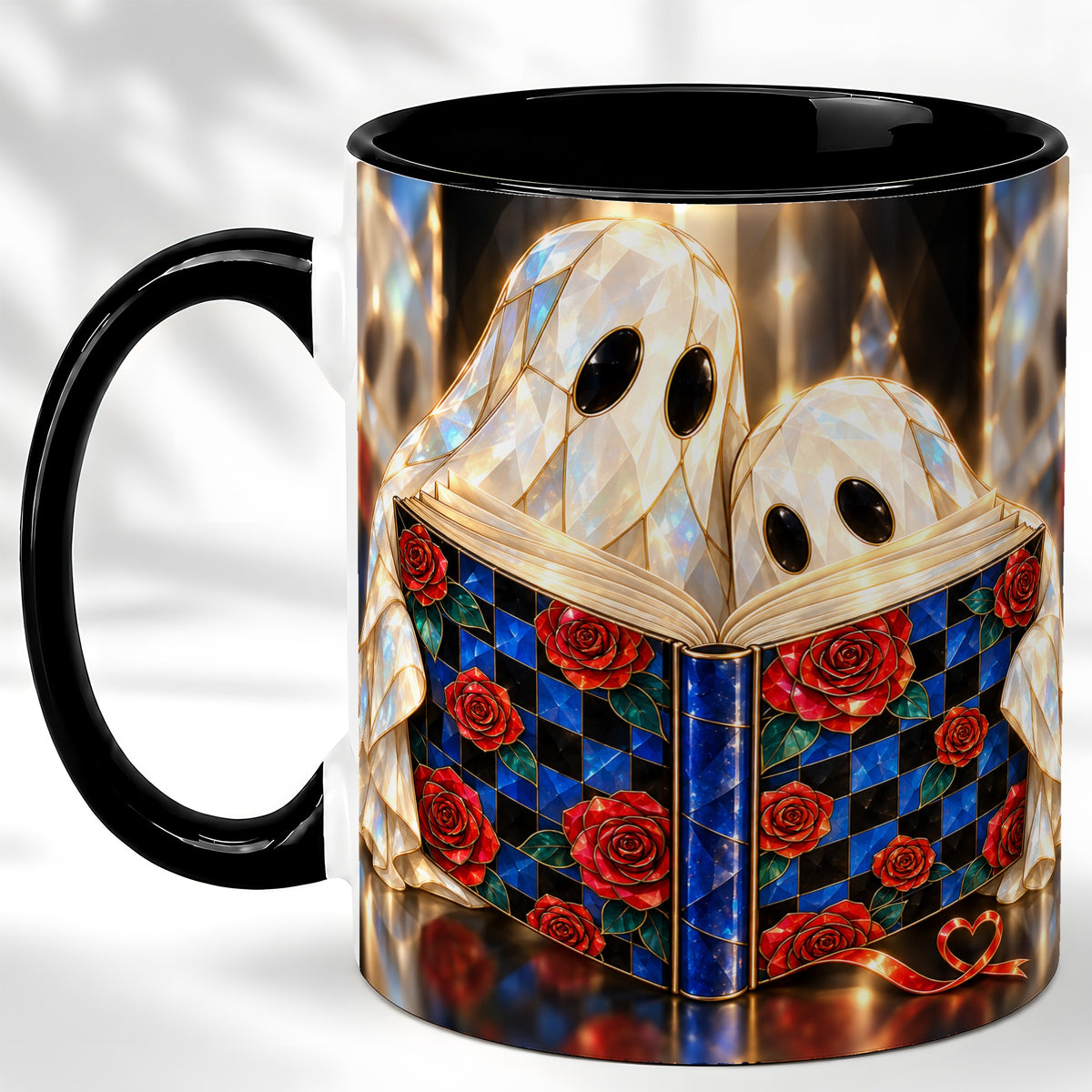 #pl[11oz|Black] Crystal Ghost Readers Coffee Mug, Rose Book Mug, Ceramic Cup