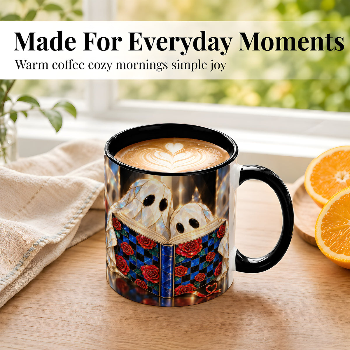 #pl[11oz|Black] Crystal Ghost Readers Coffee Mug, Rose Book Mug, Ceramic Cup
