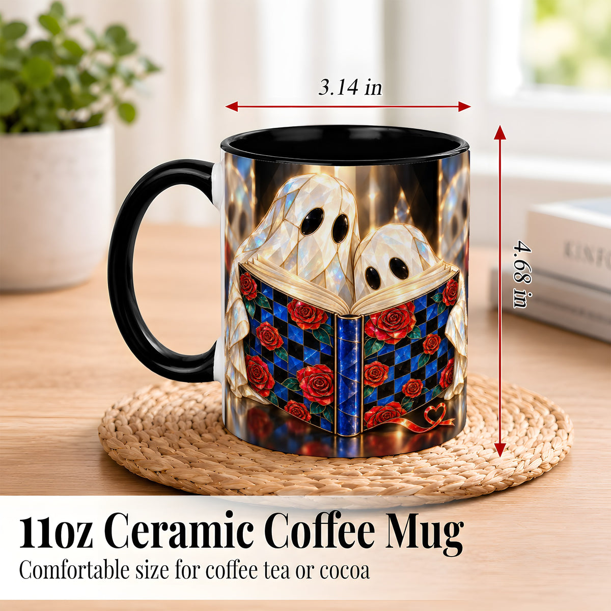 #pl[11oz|Black] Crystal Ghost Readers Coffee Mug, Rose Book Mug, Ceramic Cup